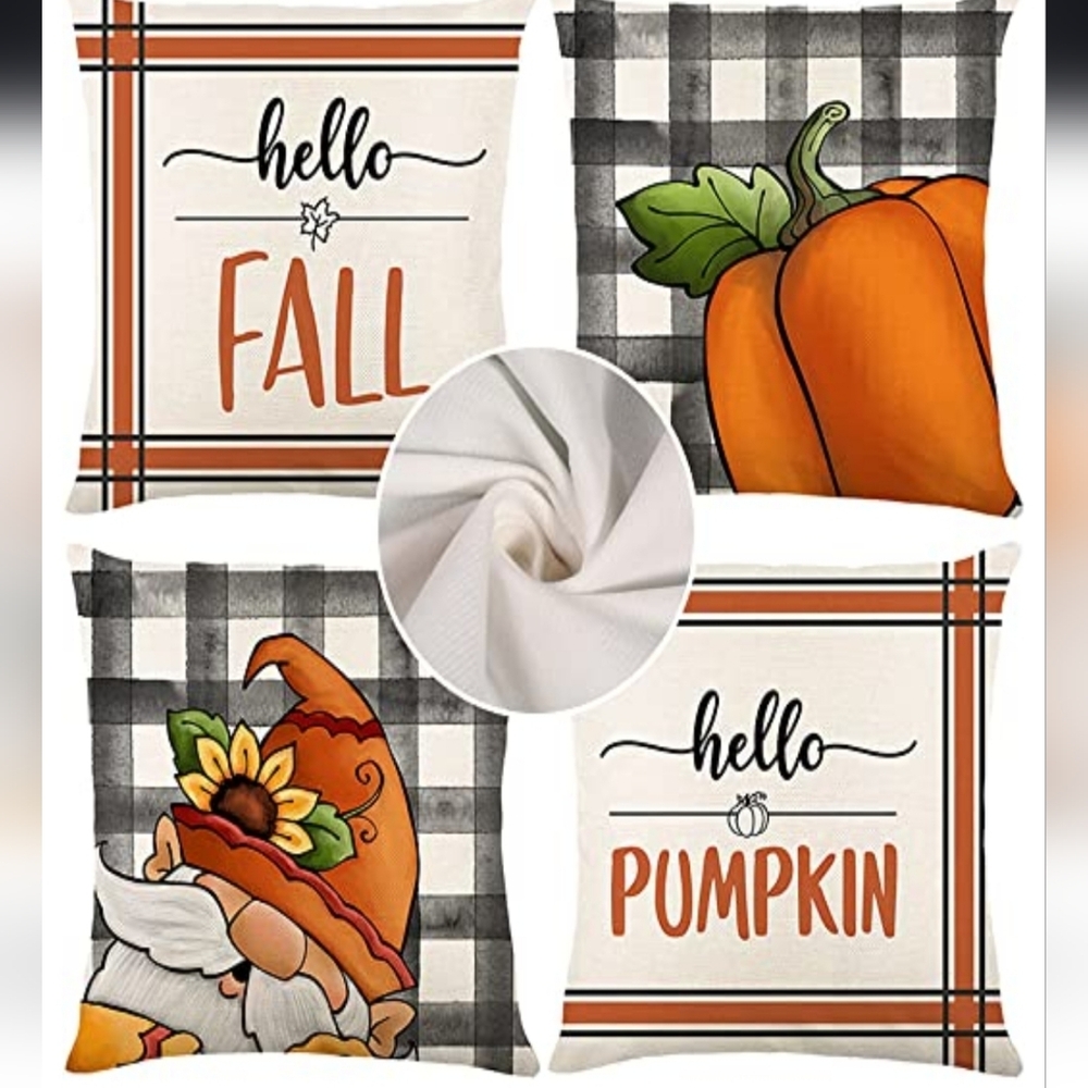 Fall Accent Pillow Covers with Orange Pumpkin & Gnome - 4 Pc - Cirzone